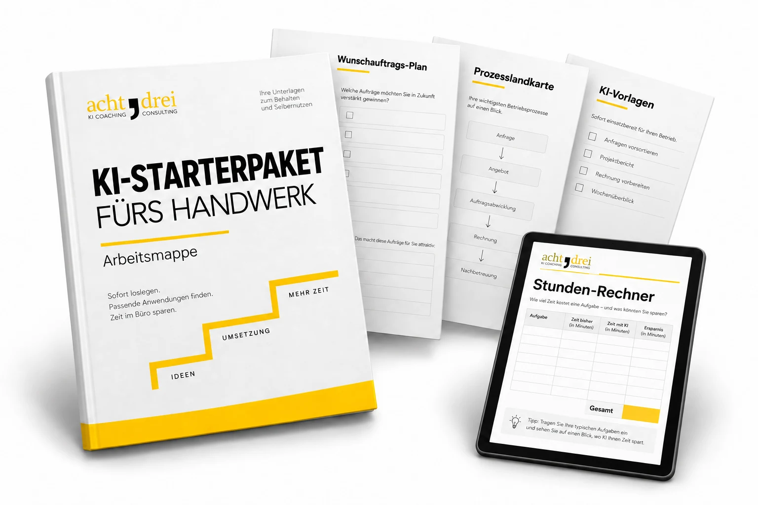 KI-Starterpaket mit Arbeitsmappe, Wunschauftrags-Plan, Prozesslandkarte, KI-Vorlagen und Stunden-Rechner