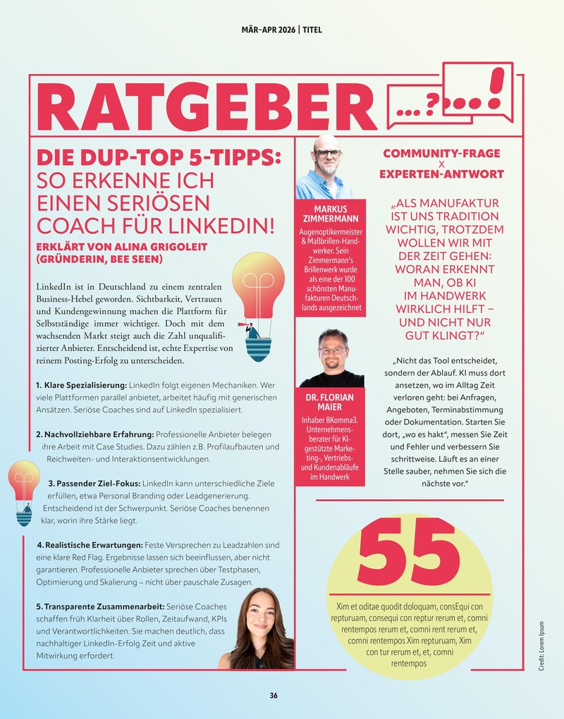 DUP Unternehmer Magazin Ratgeber-Seite mit Dr. Florian Maier als Experte