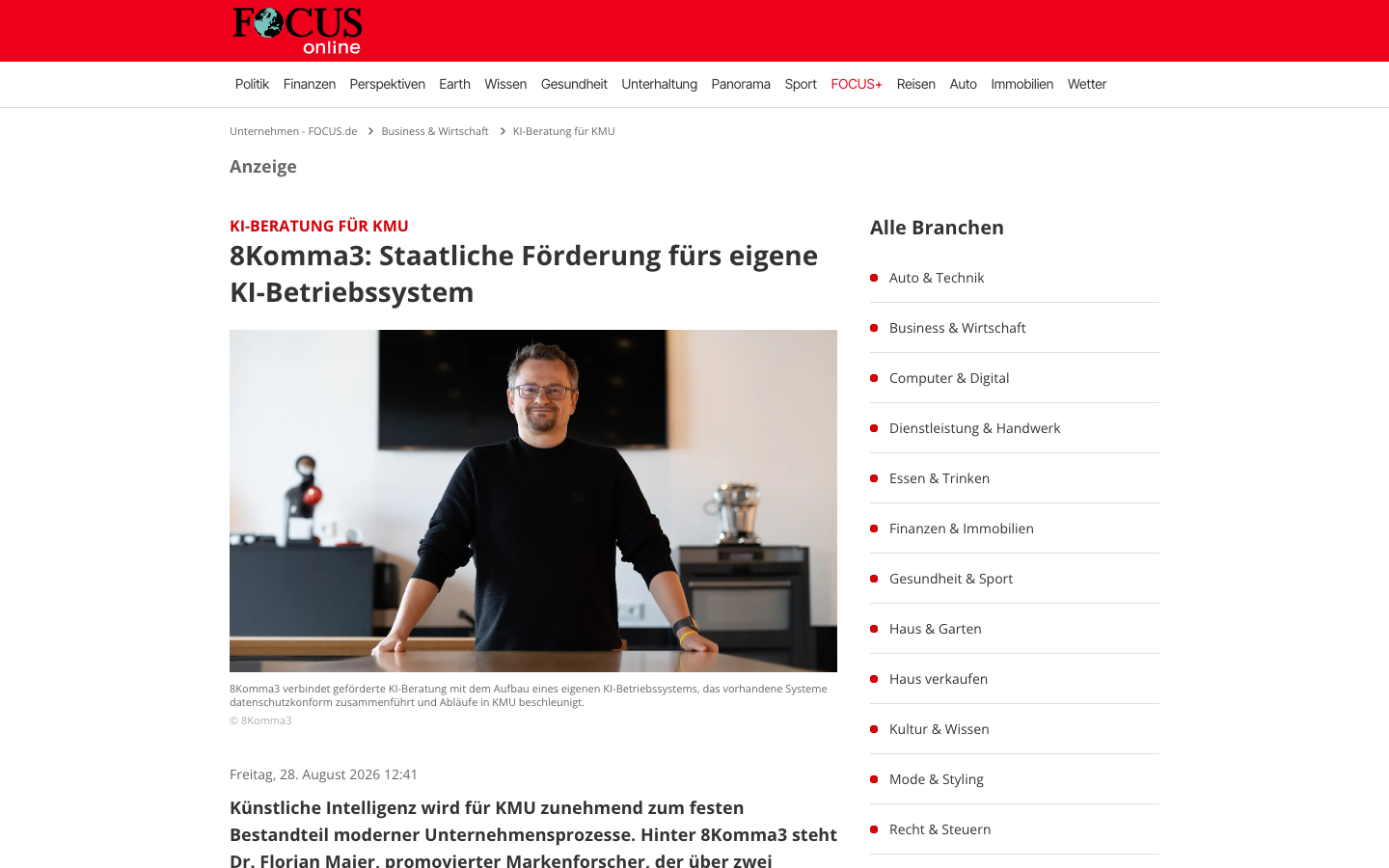 Screenshot des FOCUS-Online-Beitrags über 8Komma3 und das KI-Betriebssystem