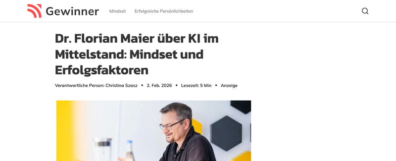 Screenshot des Artikels auf gewinner.de über KI im Mittelstand