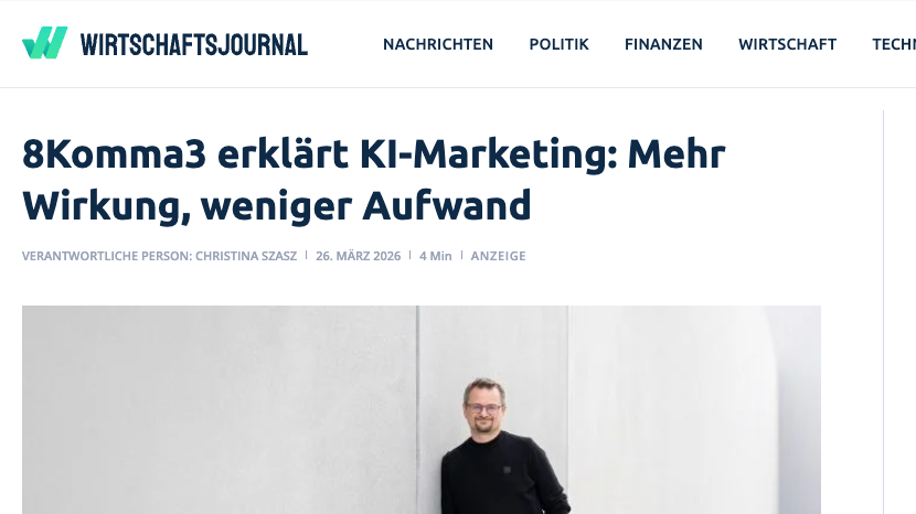 Screenshot des Artikels auf wirtschaftsjournal.com über 8Komma3 KI-Marketing